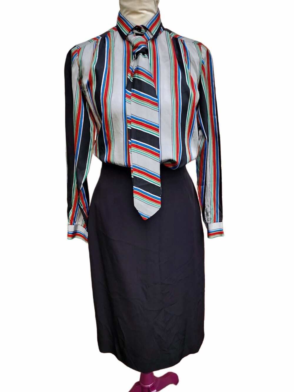 Vintage 70s 80s Shapely Metallic Multi Stripe Button Up Blouse with Tie 10